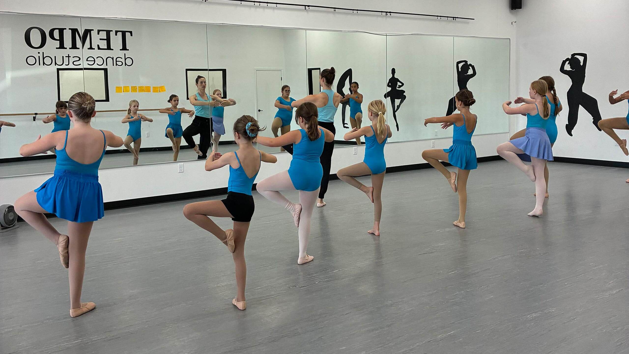 Young dancers practicing ballet passé in front of the mirror at Tempo Dance Studio in Oxford, MS